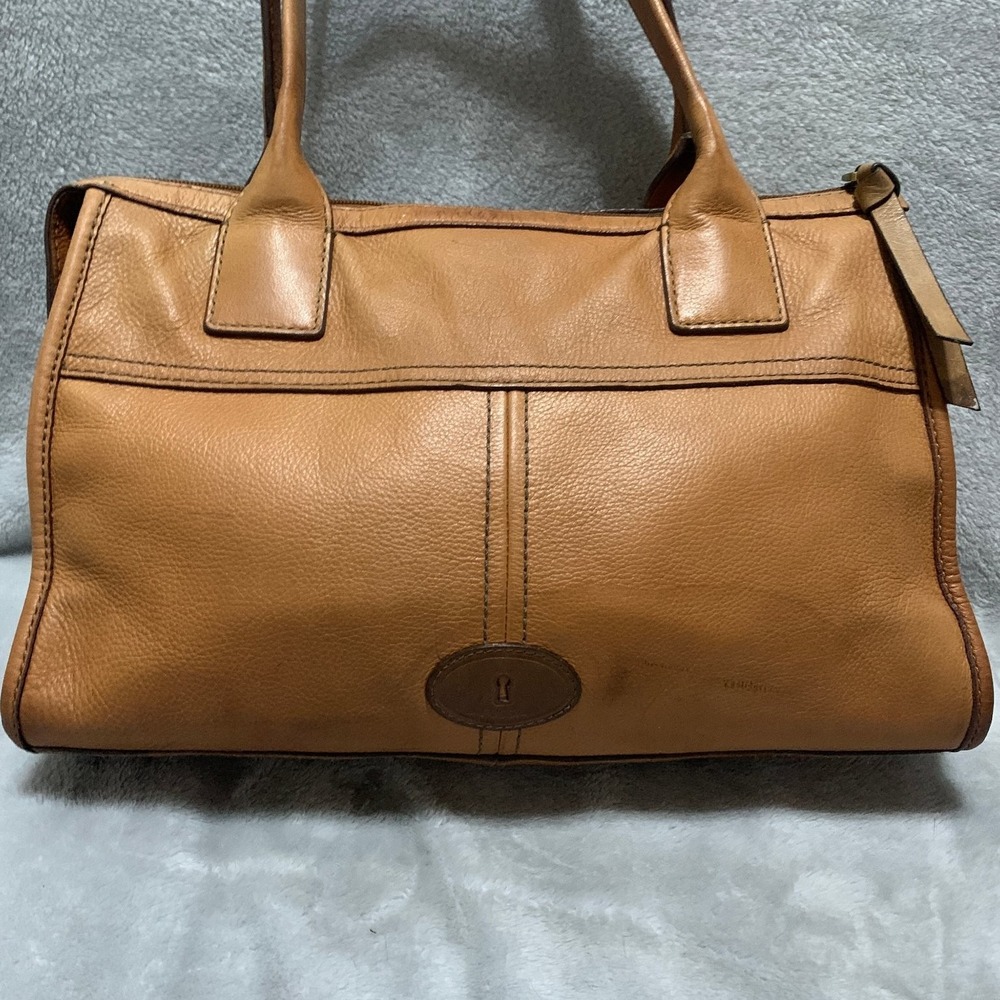 Fossil Women's Tan Leather Handbag Shoulder Bag Top Zip Pockets Flaw - Picture 2 of 16